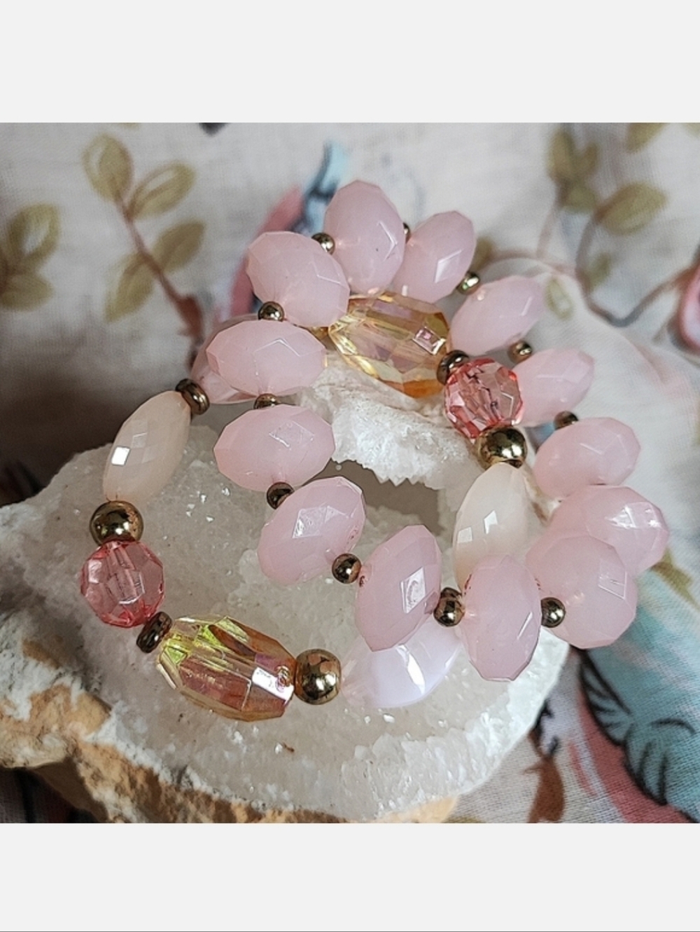 Small Vintage Pink Acrylic Aurora Borealis Lucite Stretch Pair Of 2 Bracelets